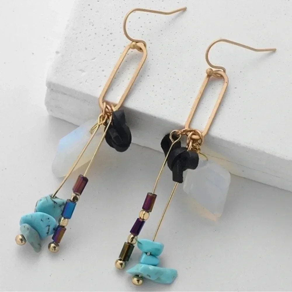 1 LEFT! Opal Dangle Earrings Turquoise Hematite Beads